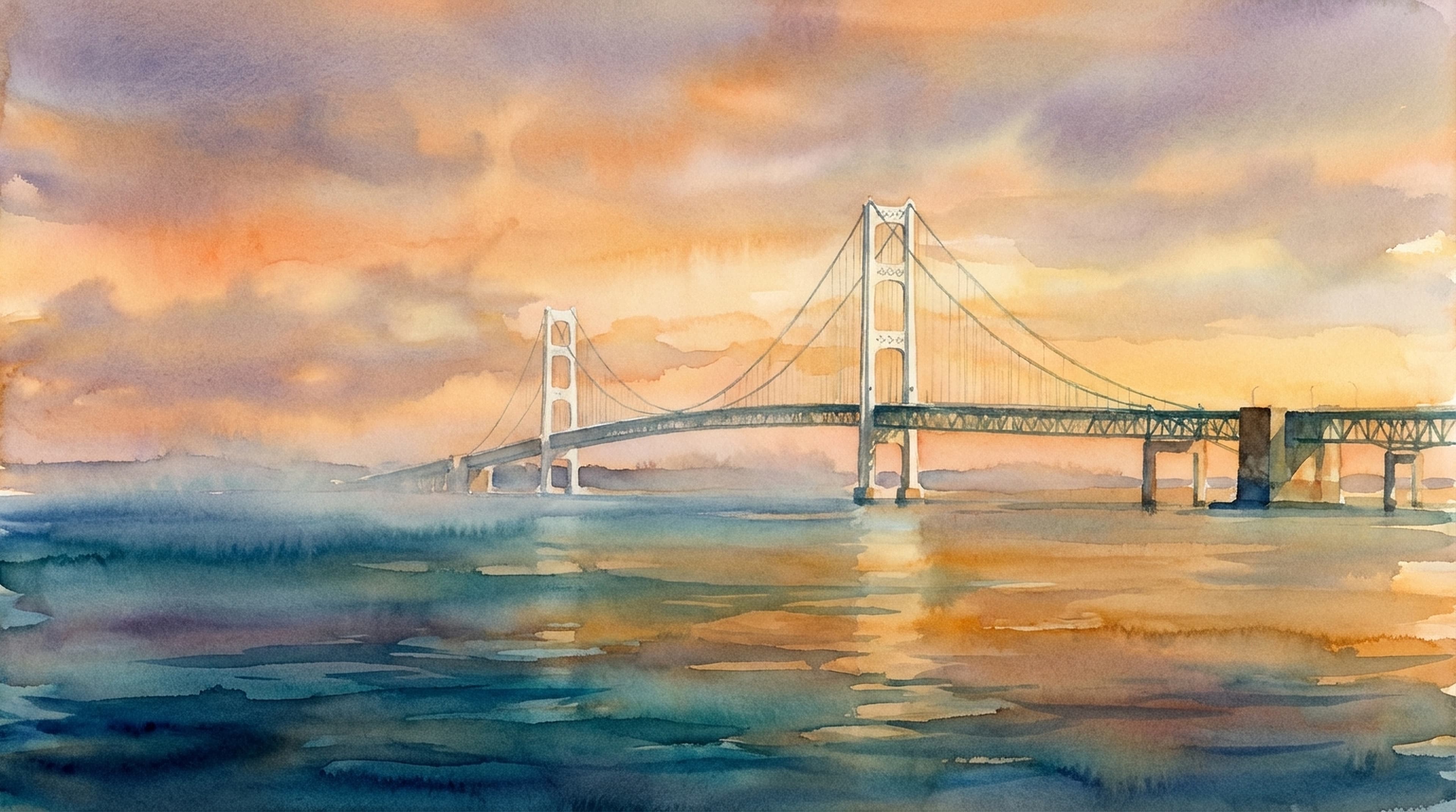 Watercolor painting of Mackinac Bridge at sunset